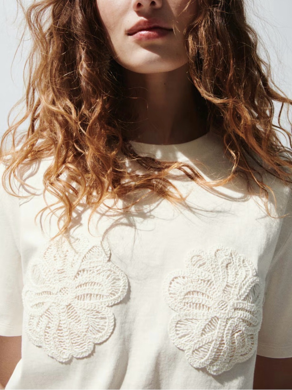 H&M Divided Crochet Applique T-Shirt Women’s S Cream Floral Short Sleeve NWT